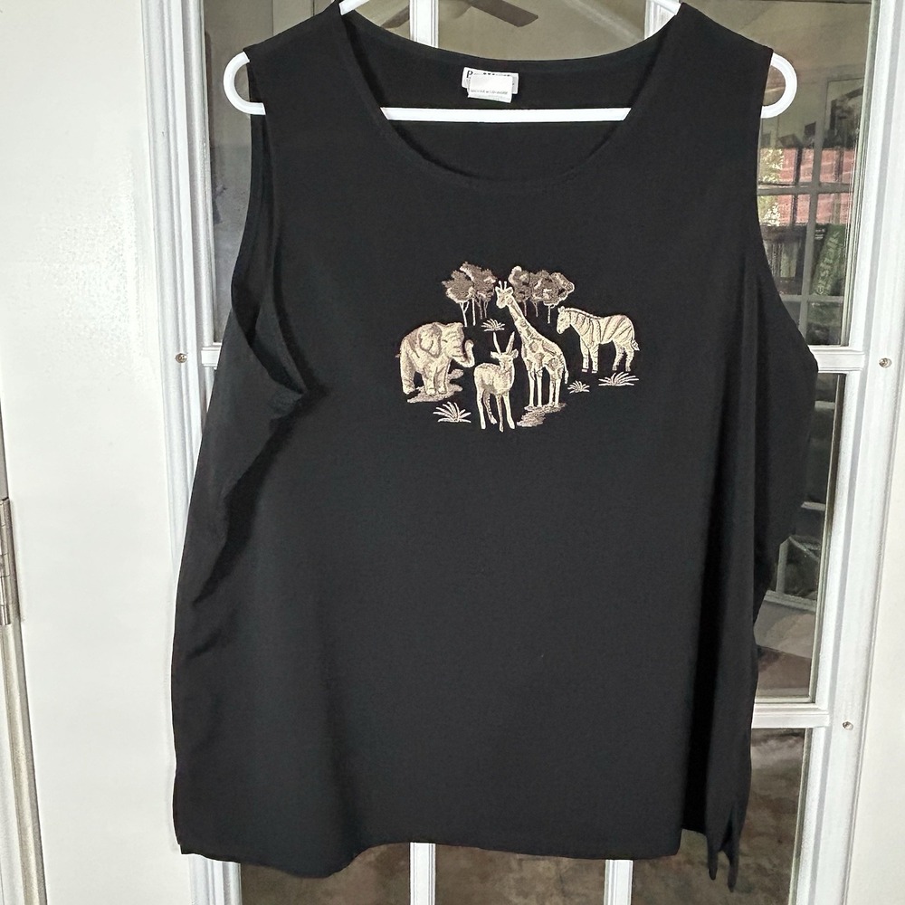 Vintage Bon Worth Black Gold Safari Embroidered Tank Top Elephant Giraffe XL